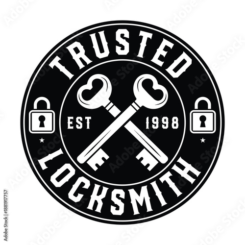 Trusted locksmith company logo design with crossed keys in round frame vector illustration of security and service est 1998