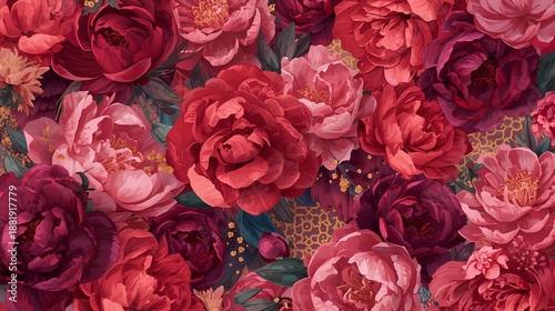 Elegant seamless pattern of blooming red and pink peonies creating a luxurious floral background