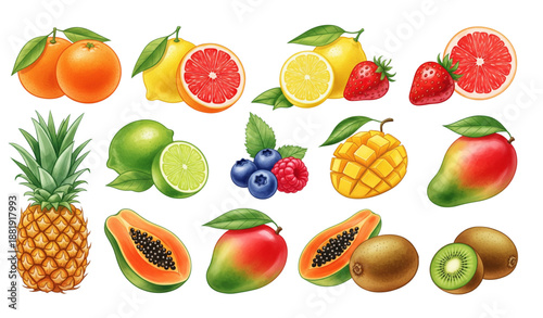 Colorful watercolor fruits collection vector illustration set on white