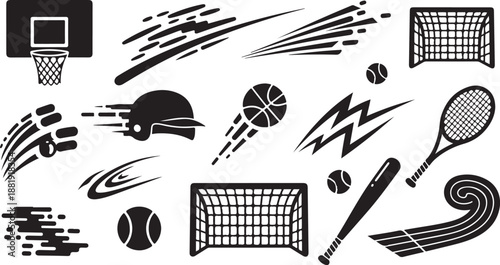 Sports icons and symbols in black and white style