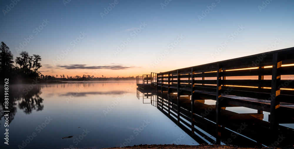 Obraz premium A pier is shown with a beautiful sunset in the background. The water is calm and the sky is a mix of orange and pink hues. The scene is serene and peaceful