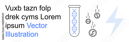 Biotechnology, science funding, genetic research, innovation, laboratory work, future technology. DNA strand in a test tube, coins and lightning bolt. Biotechnology and science funding concept