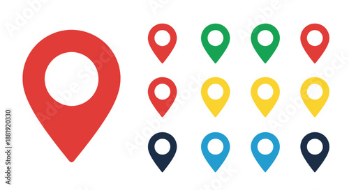 Collection of colorful map pin icons for location services.