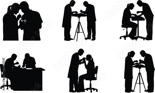 Black silhouette doctors and nurses performing medical procedures and examinations isolated on white background healthcare teamwork vector illustration set