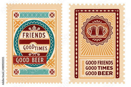 Retro pub sign, 'Good Friends Good Times Good Beer' motto, clinking beer mugs illustration, warm amber and burgundy, Victorian-era pub typography, convivial atmosphere, vintage tavern style