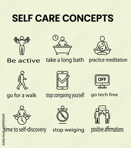self care concept icons set with daily checklist and healthy leisure time activities thin line RGB color illustrations promoting body positivity and wellness ideas