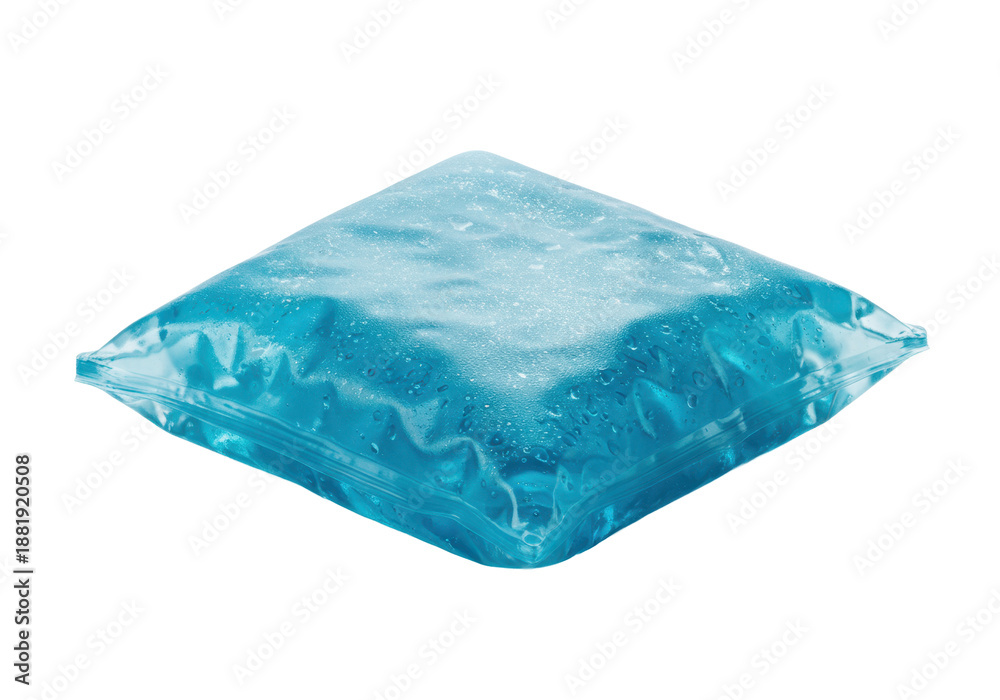 Obraz premium Close-up of a blue gel-filled dishwasher detergent pod in a sealed water-soluble packet, isolated on a white background.