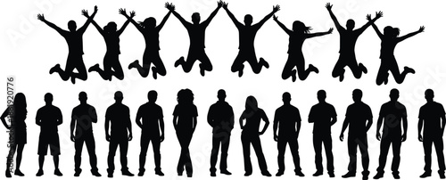 Large collection of black silhouettes featuring happy diverse people jumping with joy and standing in confident poses on white background