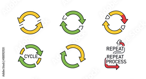 Set of Circular Arrows Illustrating Process and Repetition.
