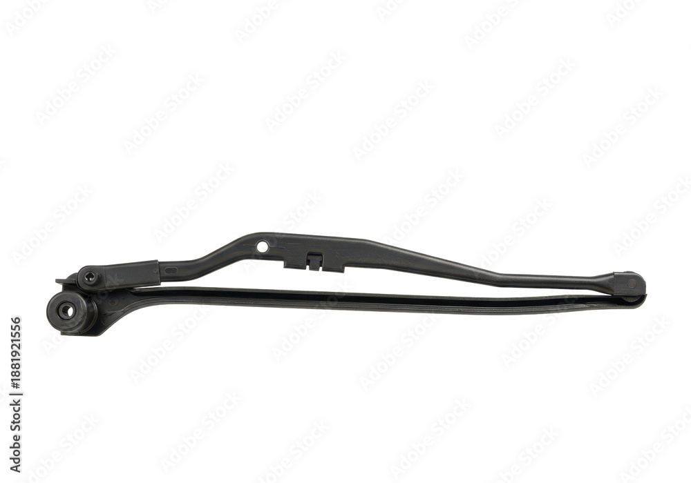 Fototapeta premium Automotive black rear wiper arm for vehicle windshield, shown as a replacement part for car maintenance or repair. 