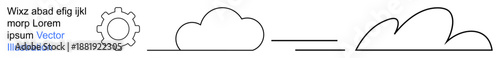 Cloud computing, technology services, internet connectivity, digital networks, data storage, system integration. Minimal cloud shapes with gear design. Cloud computing and technology services concept