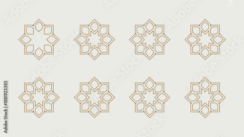 Geometric patterns in Islamic art: A selection of intricate geometric patterns, reminiscent of traditional Islamic art, meticulously crafted with symmetrical precision and elegant designs.