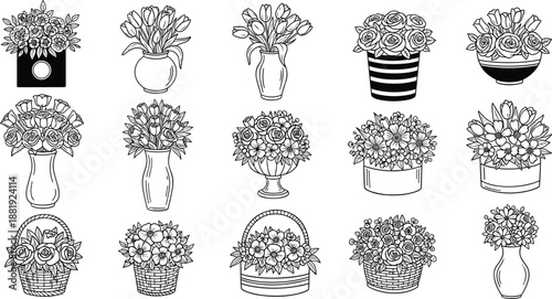 Hand drawn flower bouquets and floral arrangements in vases and baskets black and white line art illustration set