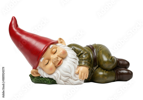 Whimsical ceramic garden gnome figurine with red hat, sleeping on its side, perfect for yard decoration or fantasy themes.
