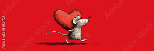 Cartoon gray rat running with a large red heart on a solid red background. Cute gray rat carrying red heart running
