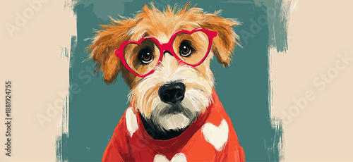 Doodle dog wearing a red heart sweater with heart-shaped glasses. Dog wearing red heart sweater and glasses for Valentine
