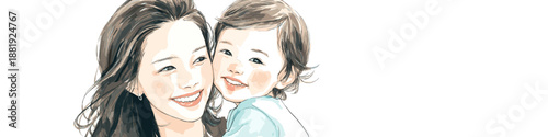 Watercolor illustration depicting a mother embracing her happy child with warmth and care. Mother and child smiling showing love and connection