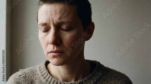 A woman with closed eyes and a sorrowful expression weeps softly. Tears stream down her face, hinting at unspoken pain and a heart overwhelmed with emotion.