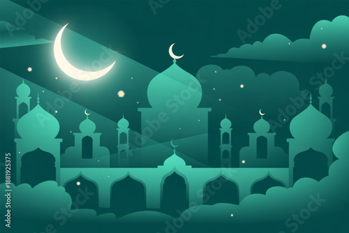 Harmony of Lights: A beautiful depiction of a mosque under the enchanting glow of the crescent moon, celebrating the serenity of a sacred place. This evocative scene, bathed in gentle light.