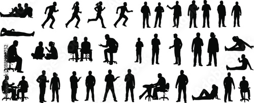 Silhouettes of diverse human poses and activities including sitting, standing, running, stretching, and social interaction