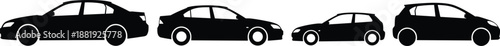 Silhouettes of four different car models in side view showcasing shape, size, and design variation