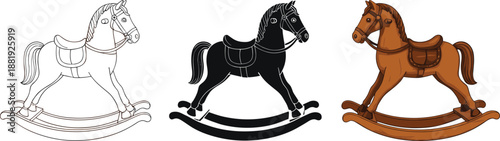 Rocking horse toy icon set in outline, solid, and colored styles for children’s toys, nursery designs, and playful illustration projects