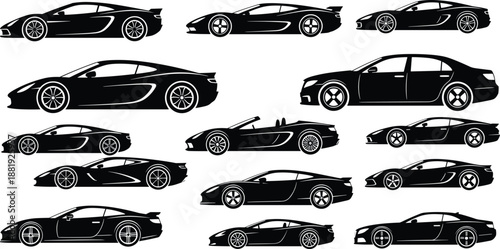 Collection of black silhouette car designs including sports, sedan, and convertible models in side profile view