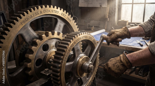 In a venerable workshop, a worker with gloved hands delicately adjusts aged brass and steel gears. Sunlight filters through the window illuminating the scene.