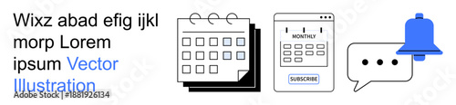 Scheduling tools, digital planning, event notifications, subscriptions, online reminders, user interaction. Calendar, form chat bubble and bell icon . Scheduling tools and digital planning concept