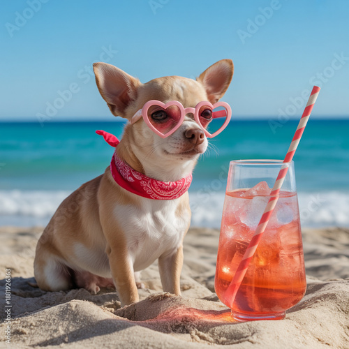 Cute Chihuahua Dog Wearing Sunglasses Sitting on Tropical Beach With Summer Cocktail, Fun Vacation Concept Illustration