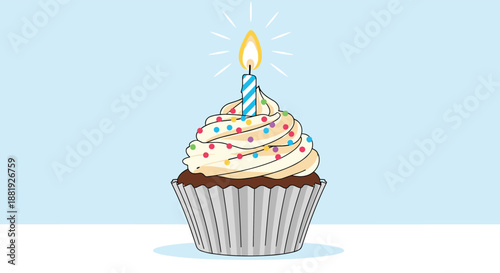 Delicious chocolate cupcake with white vanilla frosting, colorful sprinkles, and a single lit blue candle for a birthday celebration.