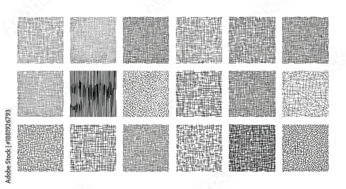 Extensive grid of fifteen diverse black and white line patterns and grunge textures, providing versatile background elements for designers.