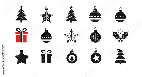 Collection of distressed black Christmas icons including trees, stars, gifts, and ornaments in a rustic silhouette style on white.