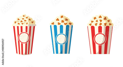 Three striped popcorn containers in red and blue filled with yellow kernels and shown in a flat vector style on a white background.