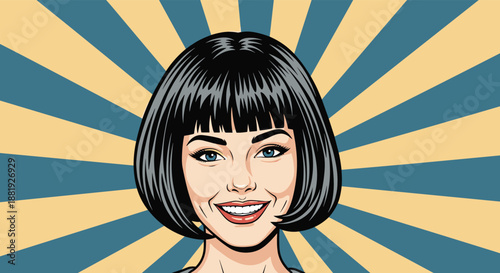 Cheerful woman with a black bob haircut smiling in a retro pop art illustration against a blue and yellow sunburst background.