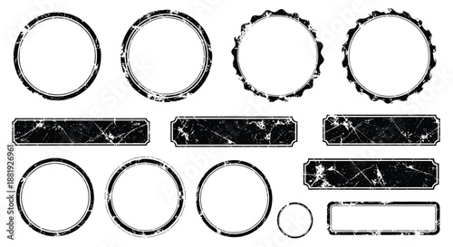 Set of distressed black stamps and frames in circular and rectangular shapes with a worn texture for vintage design projects.