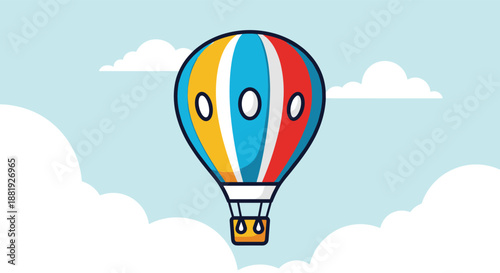 Brightly colored hot air balloon with red, yellow, and blue stripes floating in a clear blue sky with fluffy white clouds.