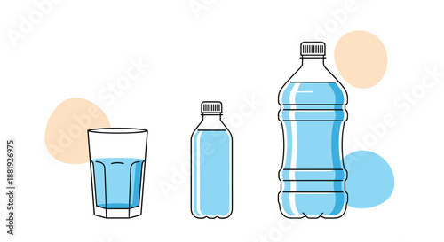 Group of drinking water containers including a glass, a small bottle, and a large jug in a clean vector style with soft accents.