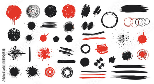 Comprehensive set of artistic brush strokes, paint splatters, and ink blots in red and black colors for graphic design use.