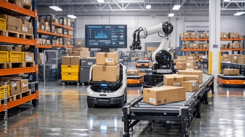Automated mobile robot transporting cardboard boxes in smart warehouse facility. Panning shot of logistics center with robotic arm and conveyor system.