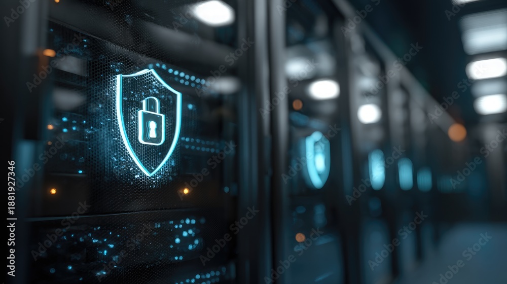 Naklejka premium Secure IT data center corridor with glowing cybersecurity shield on server cabinets, perfect for cloud security concepts, enterprise data protection, and modern digital infrastructure