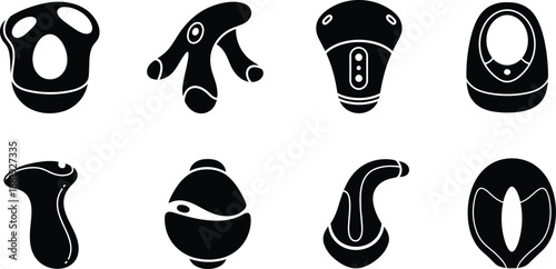 Black silhouette set of personal handheld massagers and electronic health gadgets isolated on white background for body relaxation and wellness therapy.