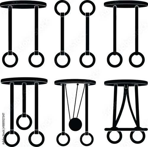 Black silhouette set of gymnastic rings and suspension training equipment isolated on white background for workout and fitness exercise.