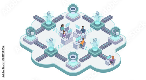 Isometric AI Contact Center Illustration with Human Agents and Robot Chatbots Collaborating in Cloud Office for Customer Support Automation, Digital Transformation, and Efficient Workflow