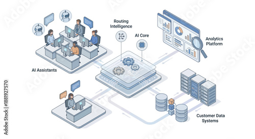 Isometric AI Contact Center and Customer Service Automation Illustration, Intelligent Routing and Data Analytics Platform for Business Support and Digital Transformation