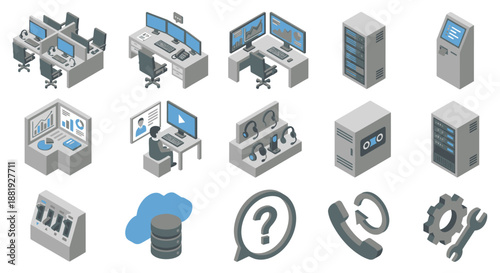 Isometric Call Center and AI Data Technology Icon Set for Customer Support, IT Help Desk, and Server Management, Professional Blue and Grey Vector Illustrations for Business Infographics