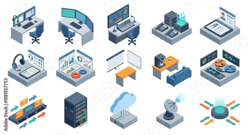 Isometric AI Contact Center and Customer Service Icon Set for Business Infrastructure, Featuring Modern Help Desk Workstations, Cloud Computing, Data Analytics, and Telemarketing Equipment