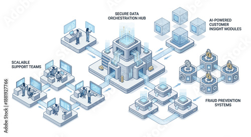 Isometric AI Contact Center Blue Line Art with Secure Data Orchestration Hub, Scalable Support Teams, and Fraud Prevention Systems for Business Technology and Digital Transformation Solutions