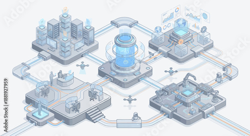 Isometric AI Contact Center and Automated Smart Business Infrastructure with Cloud Servers, Customer Support, and Global Data Analytics for Digital Transformation and Enterprise Efficiency