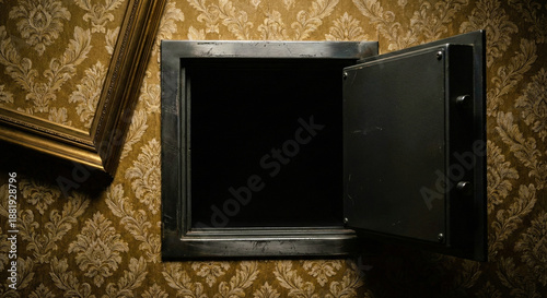 Fotografie Open Empty Wall Safe Hidden Behind Gold Picture Frame